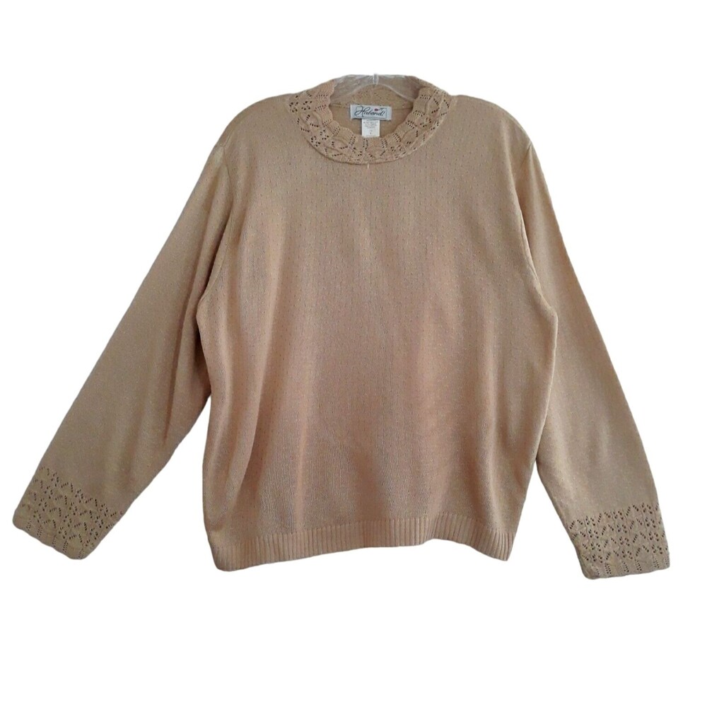 Haband Sweater Women Large Beige Pullover Knit Lace Detail Neck Sleeve Vtg